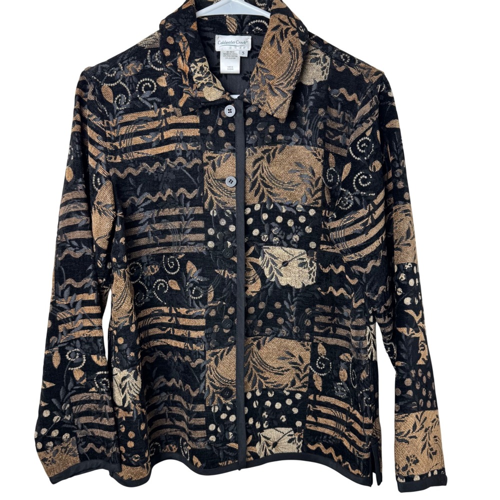 Coldwater Creek Jacket Womens S Black Tapestry Floral Geometric Button Front
